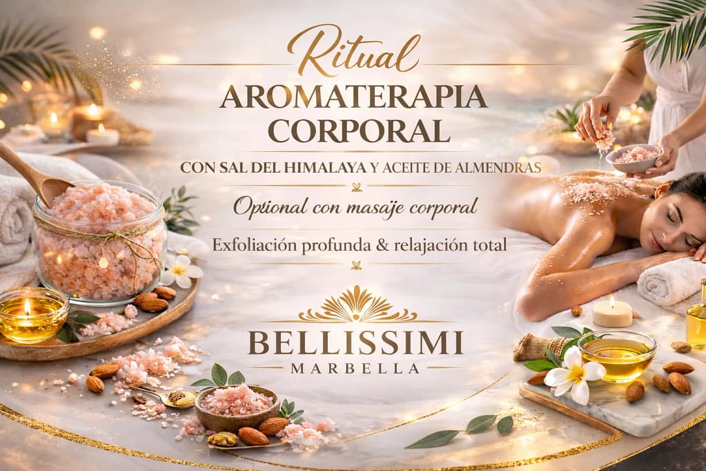 Tratamiento corporal de aromaterapia en Marbella con sal del Himalaya y aceite de almendras – exfoliación profunda y relajación en Bellissimi Marbella