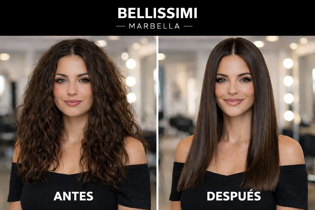 Alisado de cabello antes y después en Bellissimi Marbella con el mismo color de cabello – izquierda rizado natural, derecha liso y brillante
