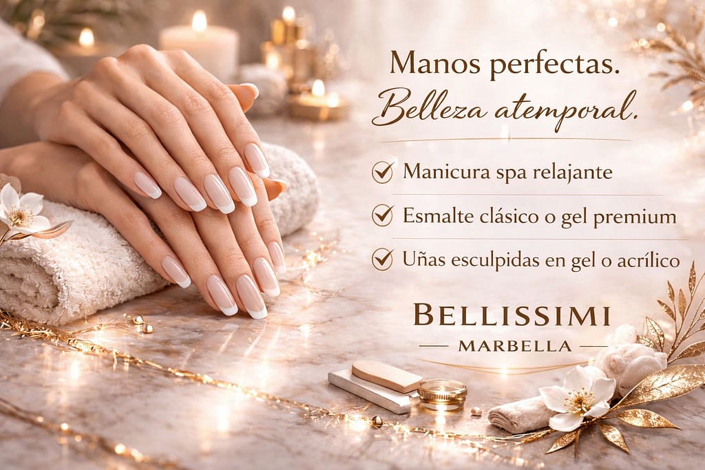 Manicura francesa de lujo en Bellissimi Marbella con uñas elegantes en ambiente spa dorado y luz cálida