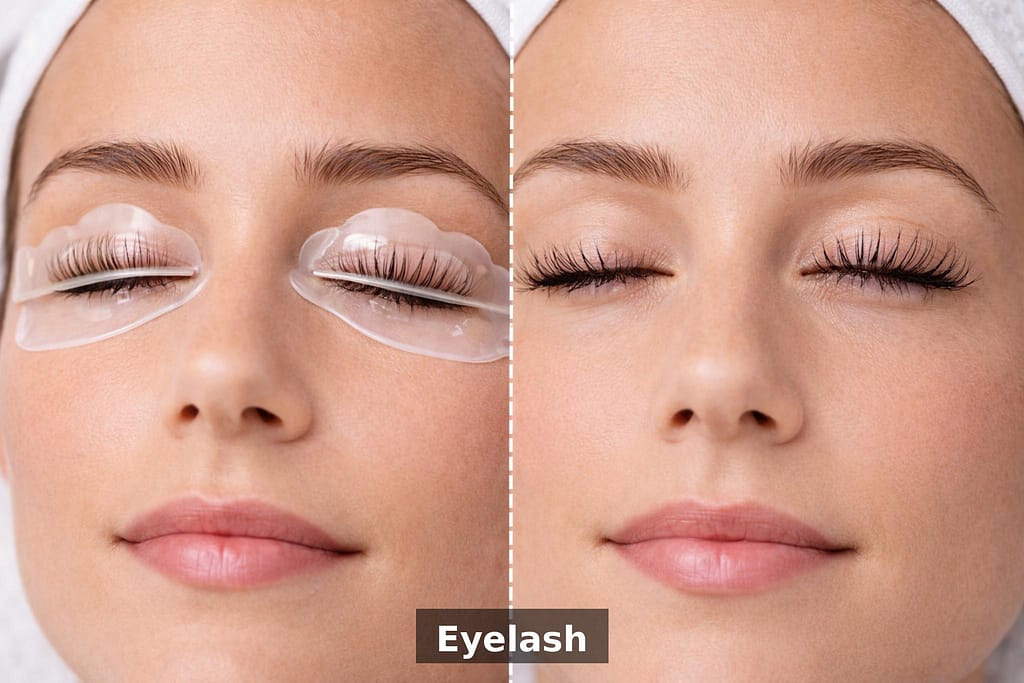 Professional eyelash lift treatment in beauty salon – natural lifted lashes close-up