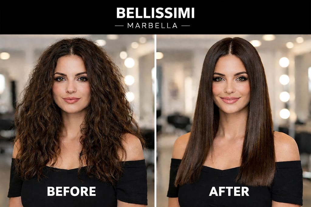 Hair straightening before and after comparison at Bellissimi Marbella with the same hair color – left curly, right straight and shiny