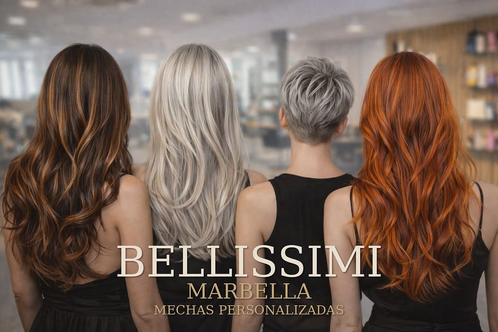 Bellissimi Marbella salón de peluquería de lujo – mechas personalizadas en cuatro mujeres de espaldas con colores modernos en marrón, rubio, gris plata y cobre en un elegante interior de salón.