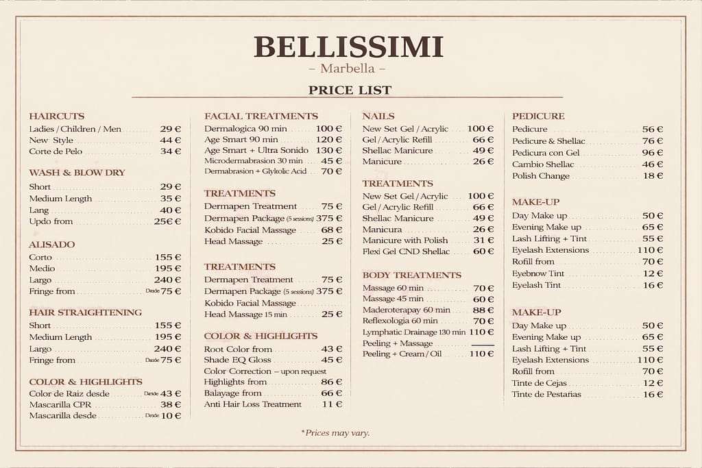 Beauty salon price list at Bellissimi Marbella showing haircuts, facial treatments, nails, pedicure, body treatments, hair removal and makeup services with prices