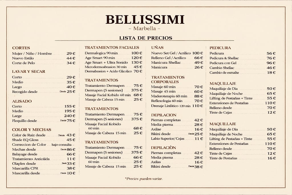 Lista de precios del salón de belleza Bellissimi Marbella con servicios de cortes de pelo, tratamientos faciales, uñas, pedicura, tratamientos corporales y maquillaje