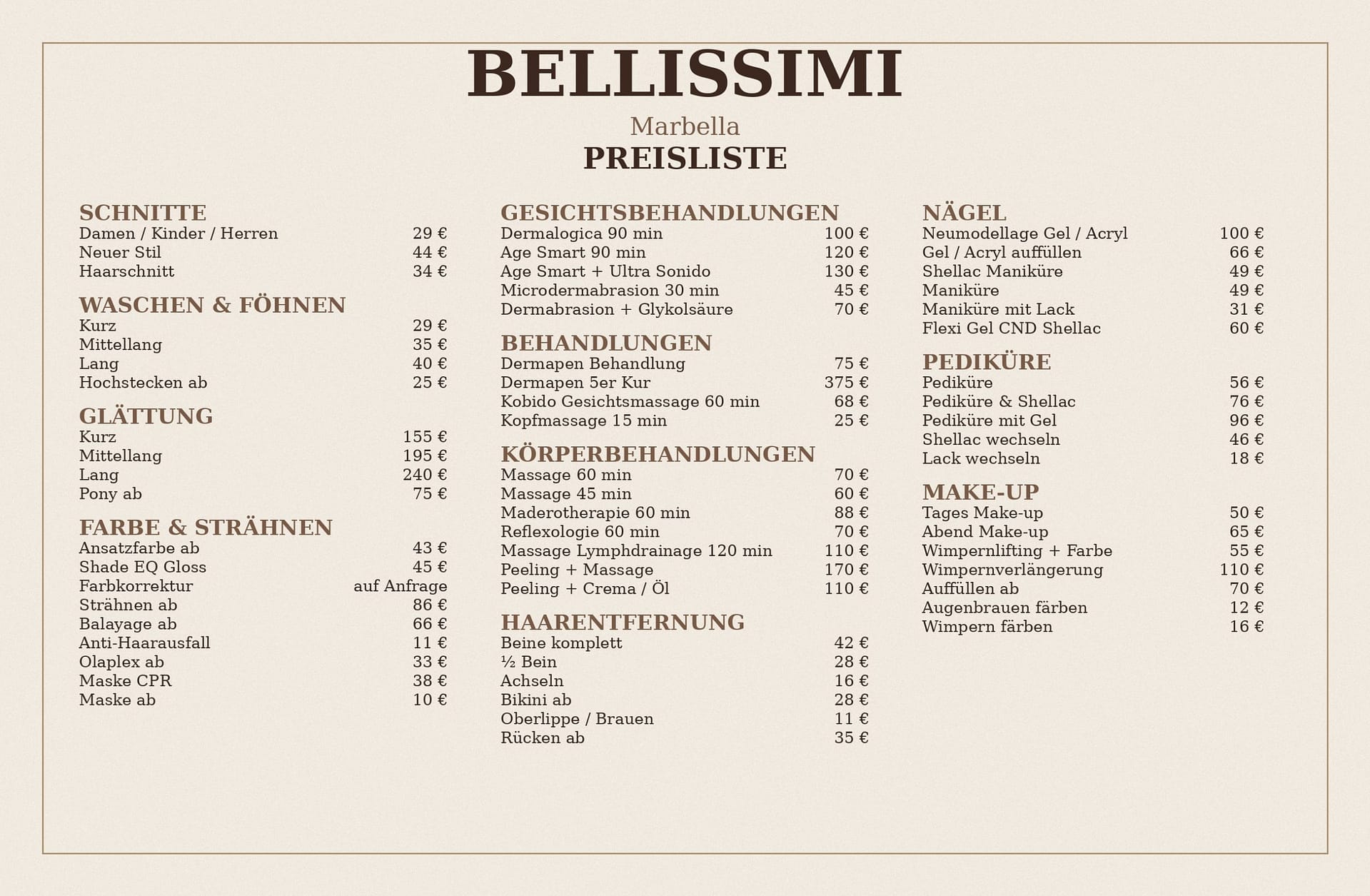 Preisliste vom Beauty Salon Bellissimi Marbella mit Behandlungen wie Haarschnitt, Gesichtsbehandlung, Nägel, Pediküre, Körperbehandlungen und Make-up