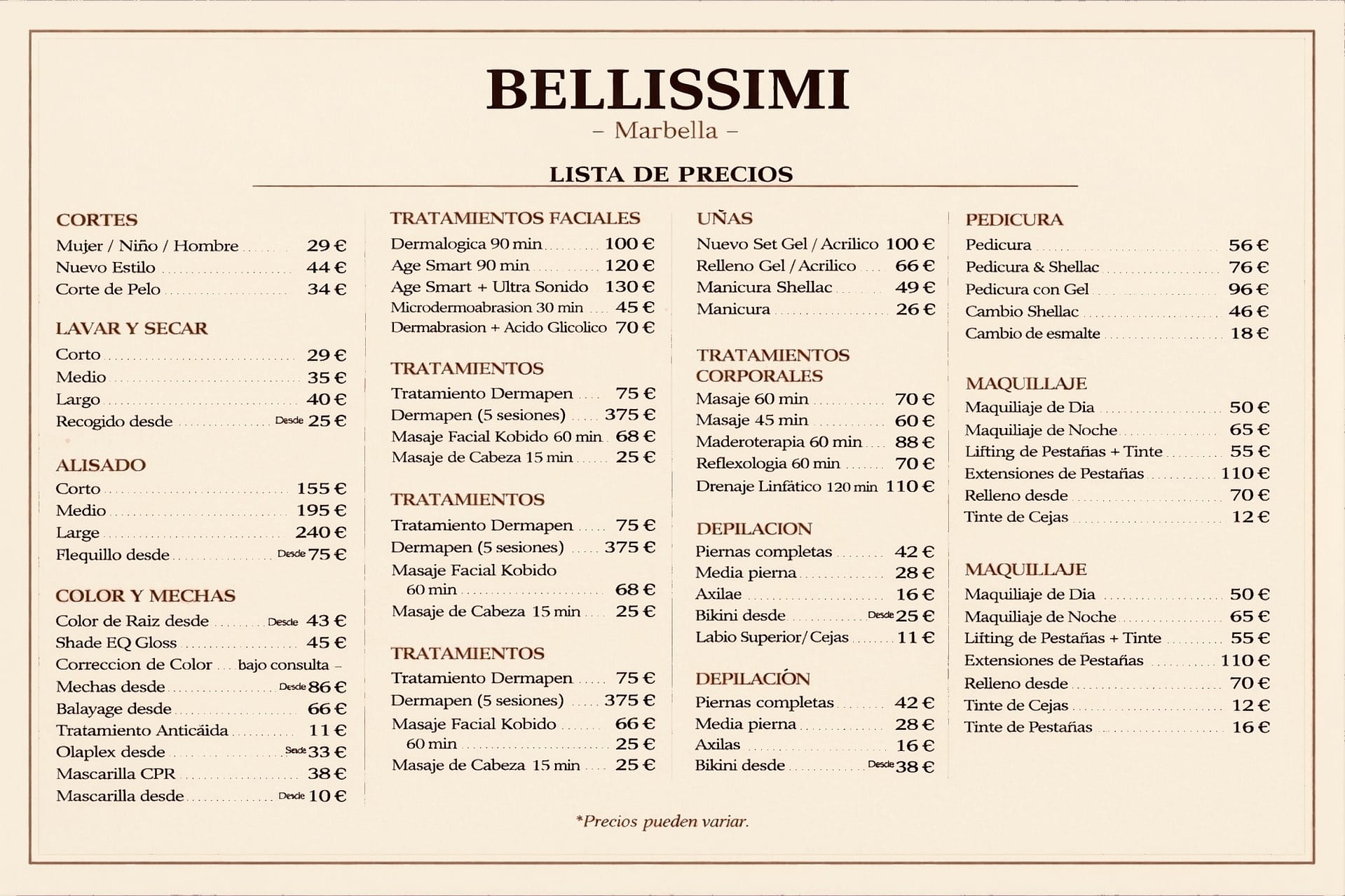 Lista de precios del salón de belleza Bellissimi Marbella con servicios de cortes de pelo, tratamientos faciales, uñas, pedicura, tratamientos corporales y maquillaje