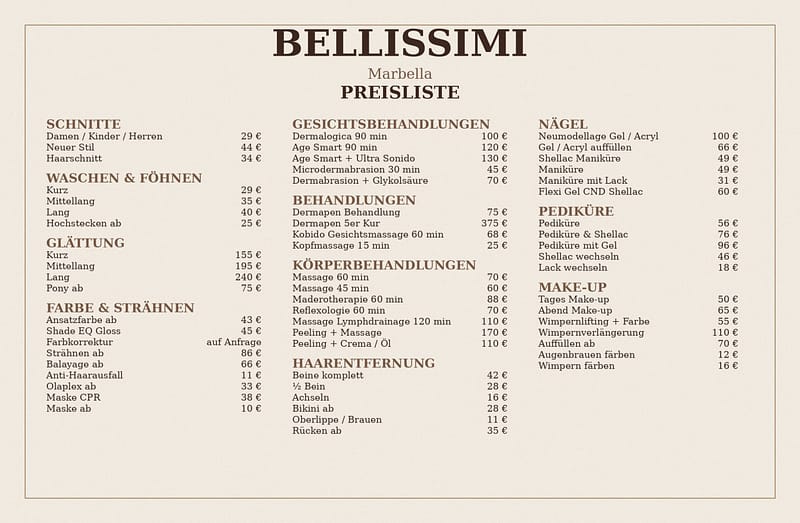 Preisliste vom Beauty Salon Bellissimi Marbella mit Behandlungen wie Haarschnitt, Gesichtsbehandlung, Nägel, Pediküre, Körperbehandlungen und Make-up
