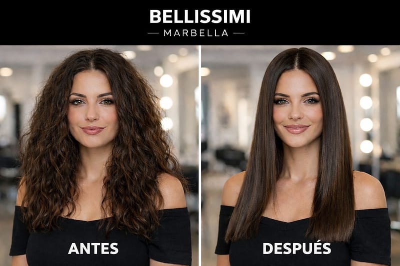 Alisado de cabello antes y después en Bellissimi Marbella con el mismo color de cabello – izquierda rizado natural, derecha liso y brillante