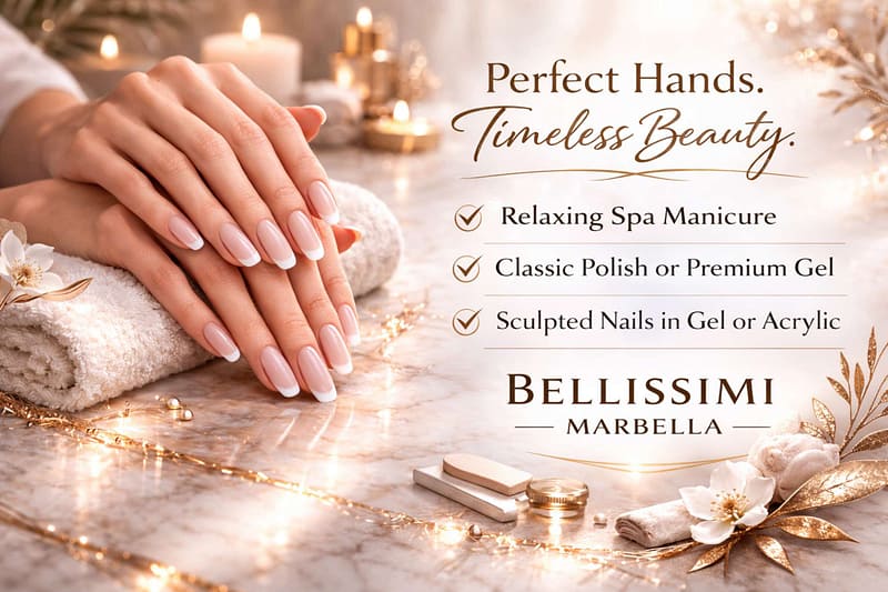Luxury French manicure at Bellissimi Marbella with elegant natural nails in warm golden spa ambiance