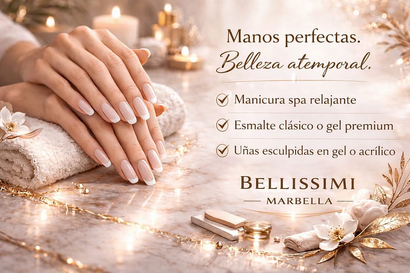 Manicura francesa de lujo en Bellissimi Marbella con uñas elegantes en ambiente spa dorado y luz cálida