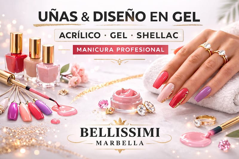 Professionelle Maniküre mit Gel, Acryl und Shellac bei Bellissimi Marbella – modernes Nageldesign in Rot, Rosa und Lila