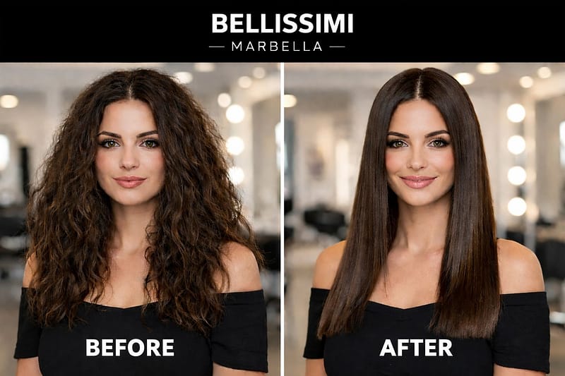 Hair straightening before and after comparison at Bellissimi Marbella with the same hair color – left curly, right straight and shiny
