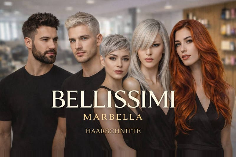 Bellissimi Marbella Luxus Friseursalon – moderne Damen- und Herrenhaarschnitte in elegantem Saloninterieur mit stilvollen, präzisen Frisuren.