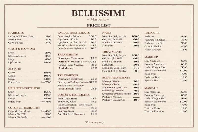 Beauty salon price list at Bellissimi Marbella showing haircuts, facial treatments, nails, pedicure, body treatments, hair removal and makeup services with prices