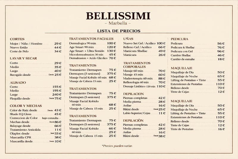 Lista de precios del salón de belleza Bellissimi Marbella con servicios de cortes de pelo, tratamientos faciales, uñas, pedicura, tratamientos corporales y maquillaje