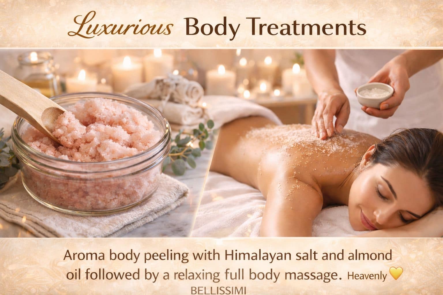 Peeling corporal de lujo con sal del Himalaya y aceite de almendras seguido de masaje relajante en Bellissimi Marbella